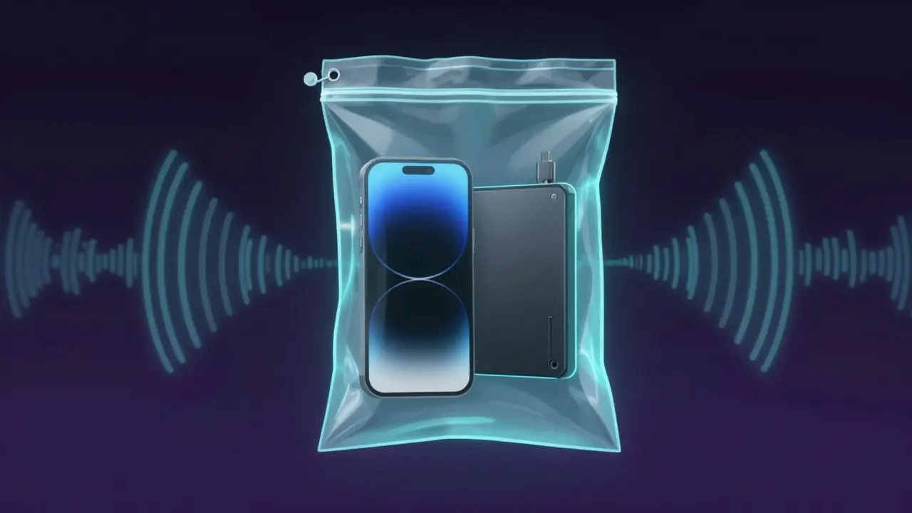 Smartphone and hard drive protected inside a glowing Faraday bag