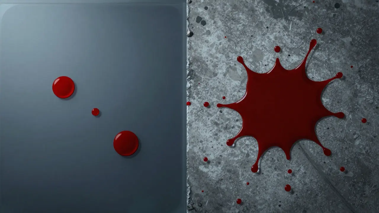 Split view comparing circular passive drips on glass vs jagged spatter on concrete