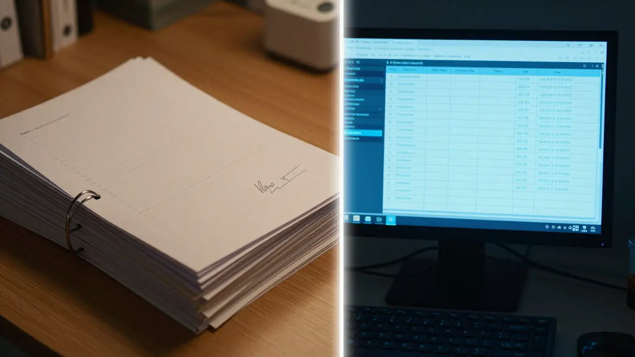 Split view of paper files and digital audit logs on a desk