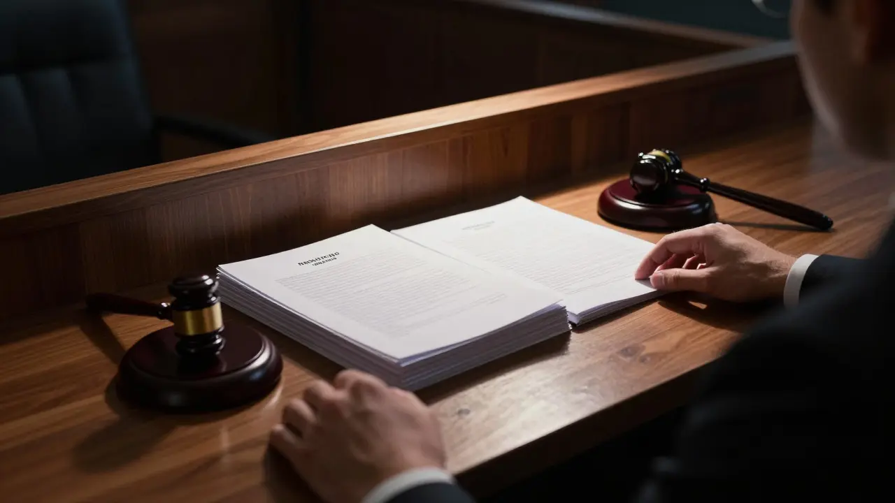 Stack of legal documents on a judge's bench in a courtroom