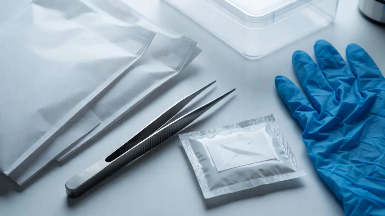 Sterile forensic tools including tweezers, alcohol wipes, and paper evidence bags on a lab bench.