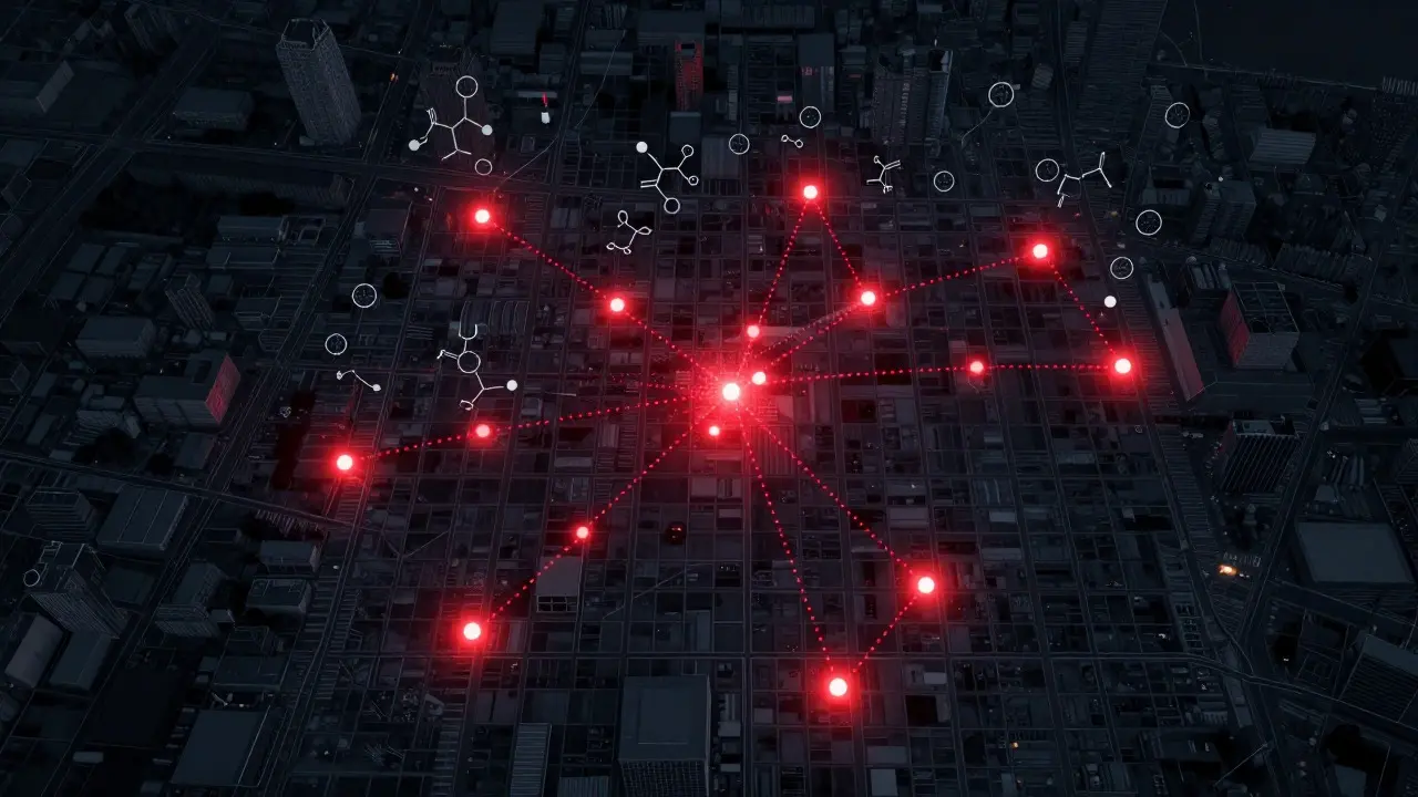 Stylized city map showing connected fire locations with forensic overlays