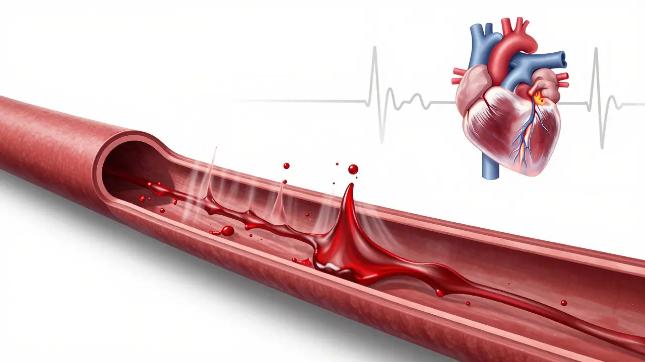 Stylized illustration of pulsatile blood ejection from a severed artery linked to a beating heart