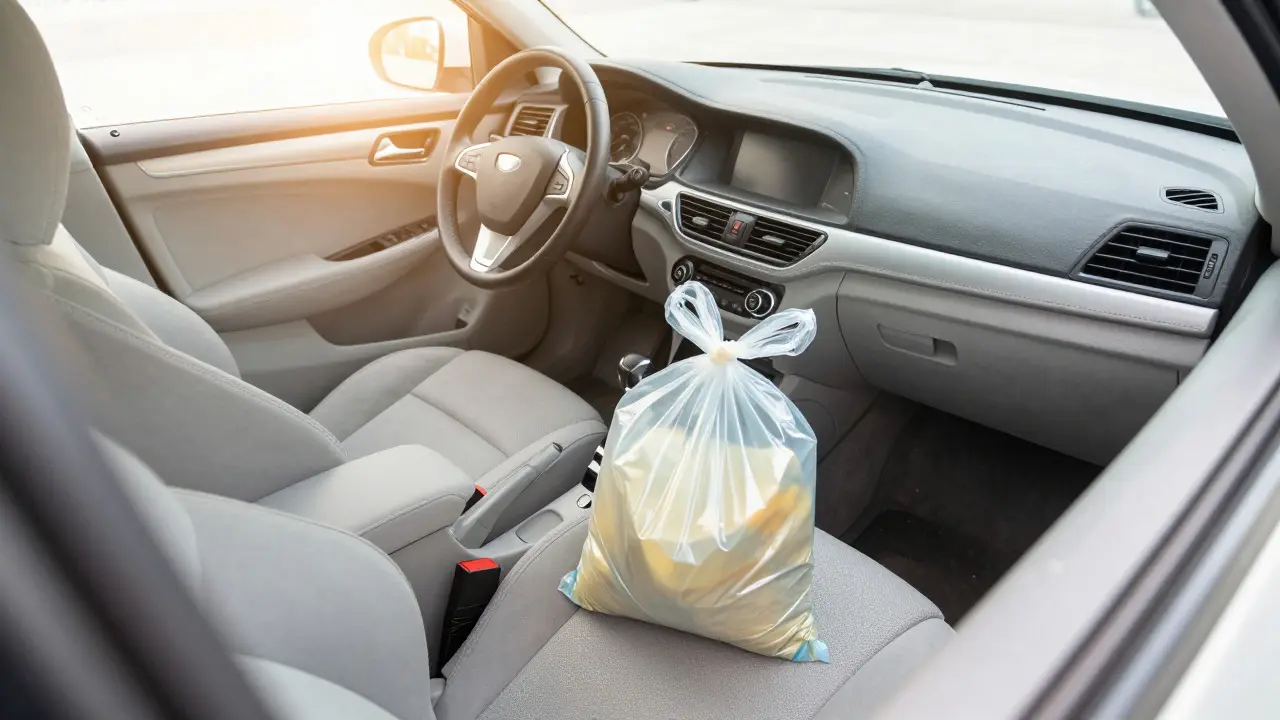 Sunlit, clean car interior with sealed waste bags in the trunk