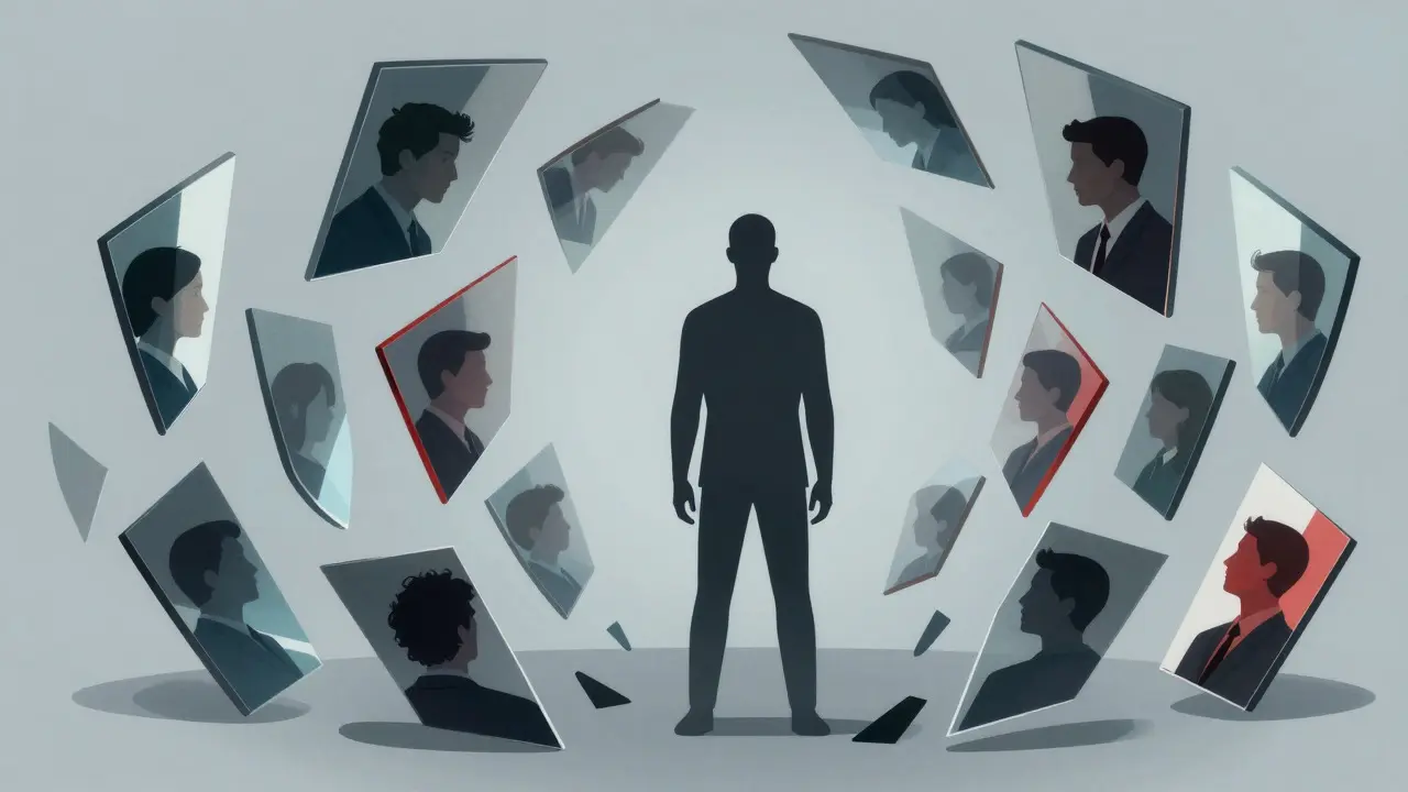 Surreal illustration of a figure surrounded by distorted mirror reflections