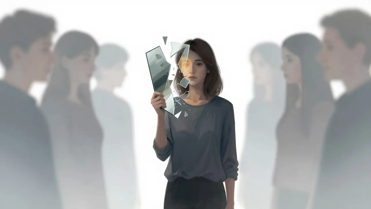 Surreal illustration of a person holding a broken mirror reflecting distorted faces