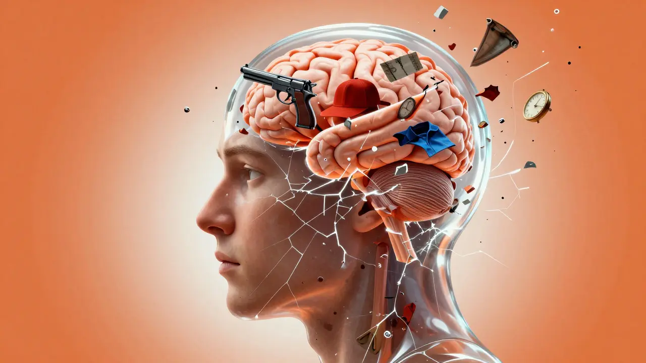 Surreal illustration of a shattering head filled with fragmented memories and objects