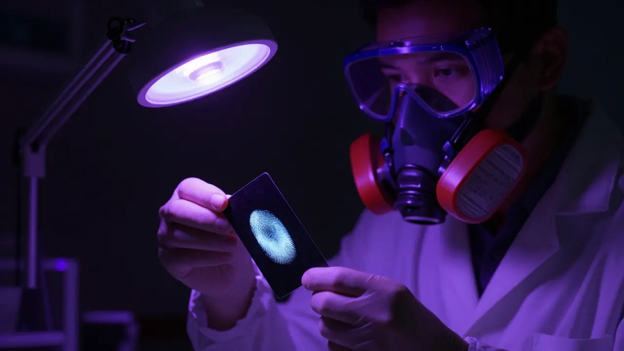 Technician examining a glowing blue-white fingerprint under ultraviolet light in a dark lab