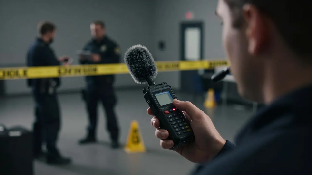 Technician holding an audio recorder while documenting a crime scene