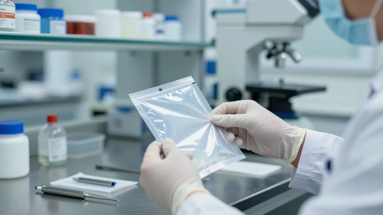 Technician in a lab carefully opening a sterile evidence package