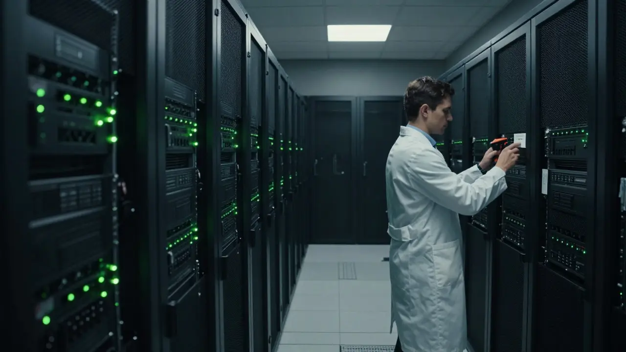Technician labeling lockers in a secure server room