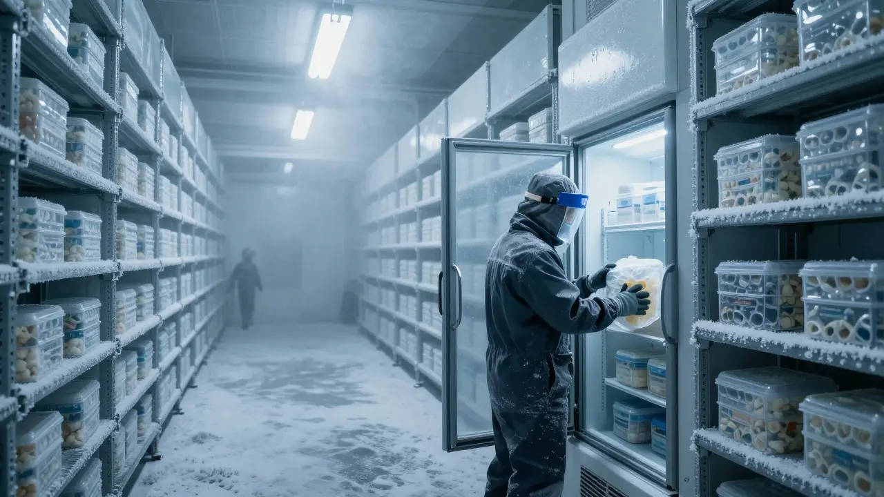 Technician placing sample in ultra-cold freezer unit in misty room