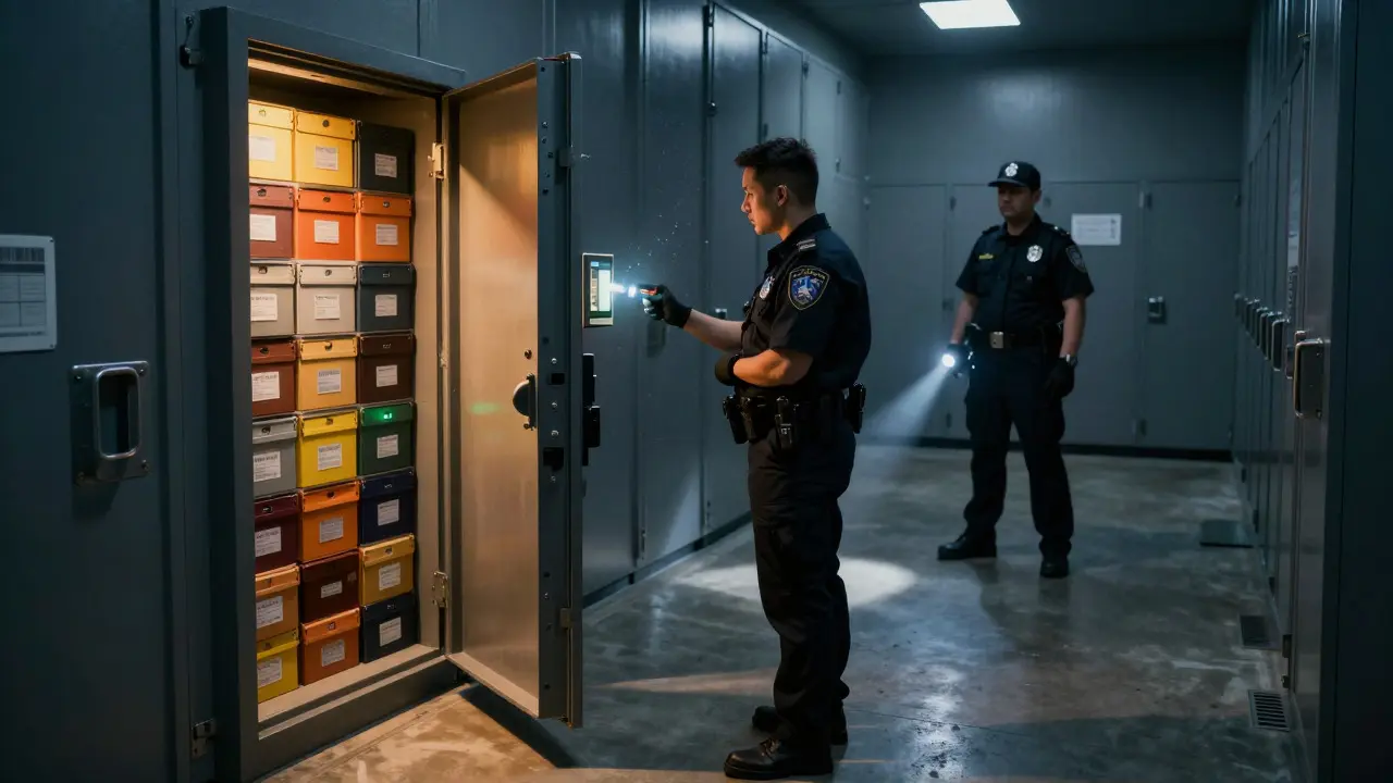 Technician scanning a barcode on an evidence box inside a secure storage room