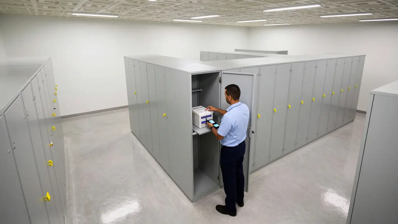 Technician storing evidence in a secure, modern locker room
