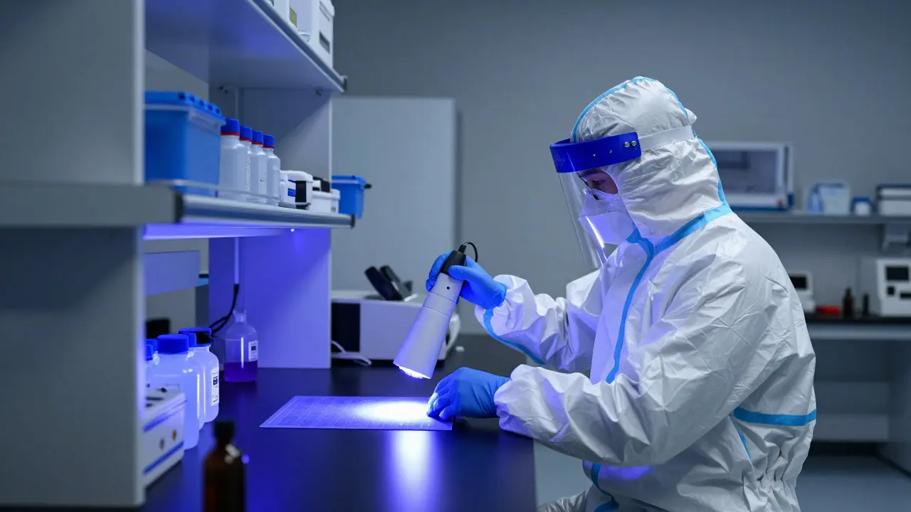 Technician using UV light to decontaminate a forensic lab bench