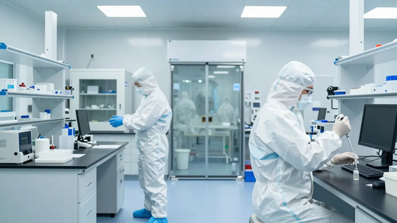 Technicians working in separate zones of a DNA laboratory