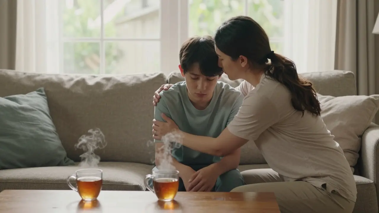 Teenager and parent sharing a quiet, comforting moment indoors