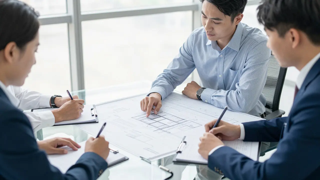 Three professionals reviewing technical blueprints and checklists in a modern office