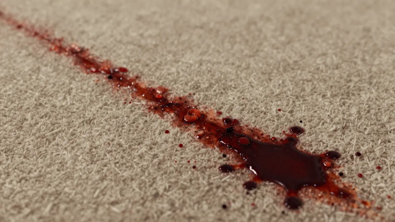 Tiny blood droplets scattered along a drag mark on a carpeted floor.