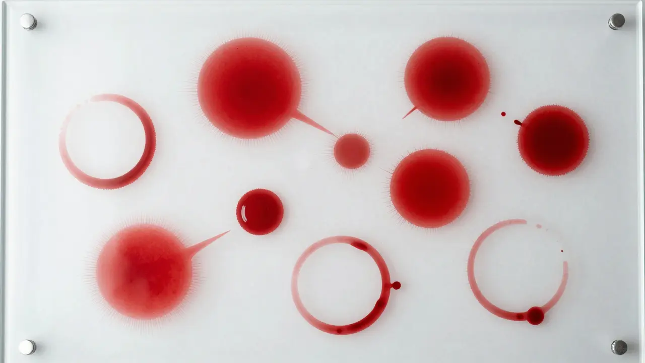 Top-down view of varied bloodstain patterns on a reflective glass surface