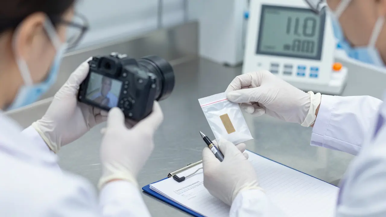 Two analysts documenting an evidence seal with a camera and clipboard in a lab
