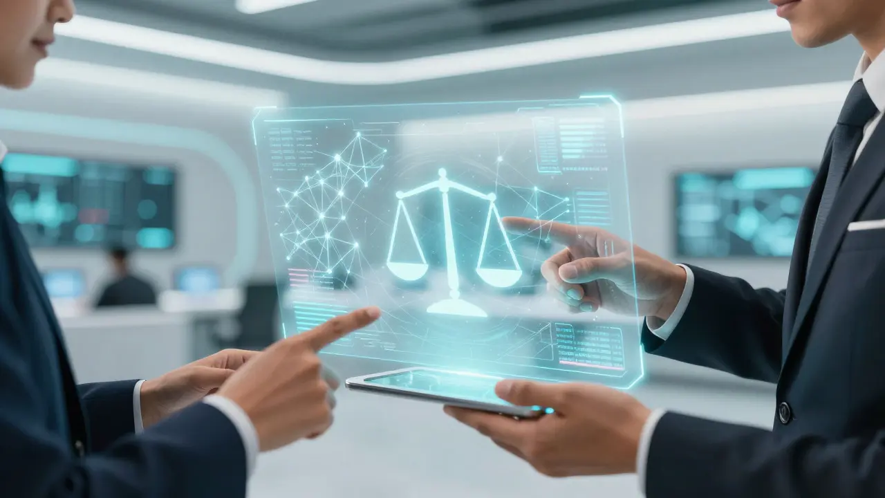 Two analysts reviewing holographic data networks in a futuristic room