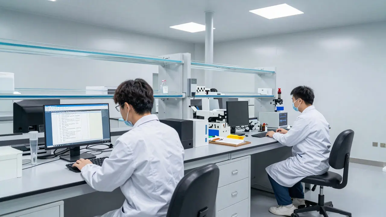 Two forensic examiners working independently at separate stations in a modern laboratory