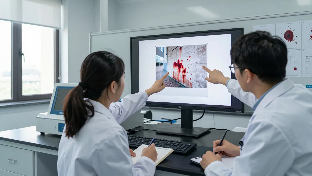 Two forensic scientists reviewing blood pattern photos in a lab