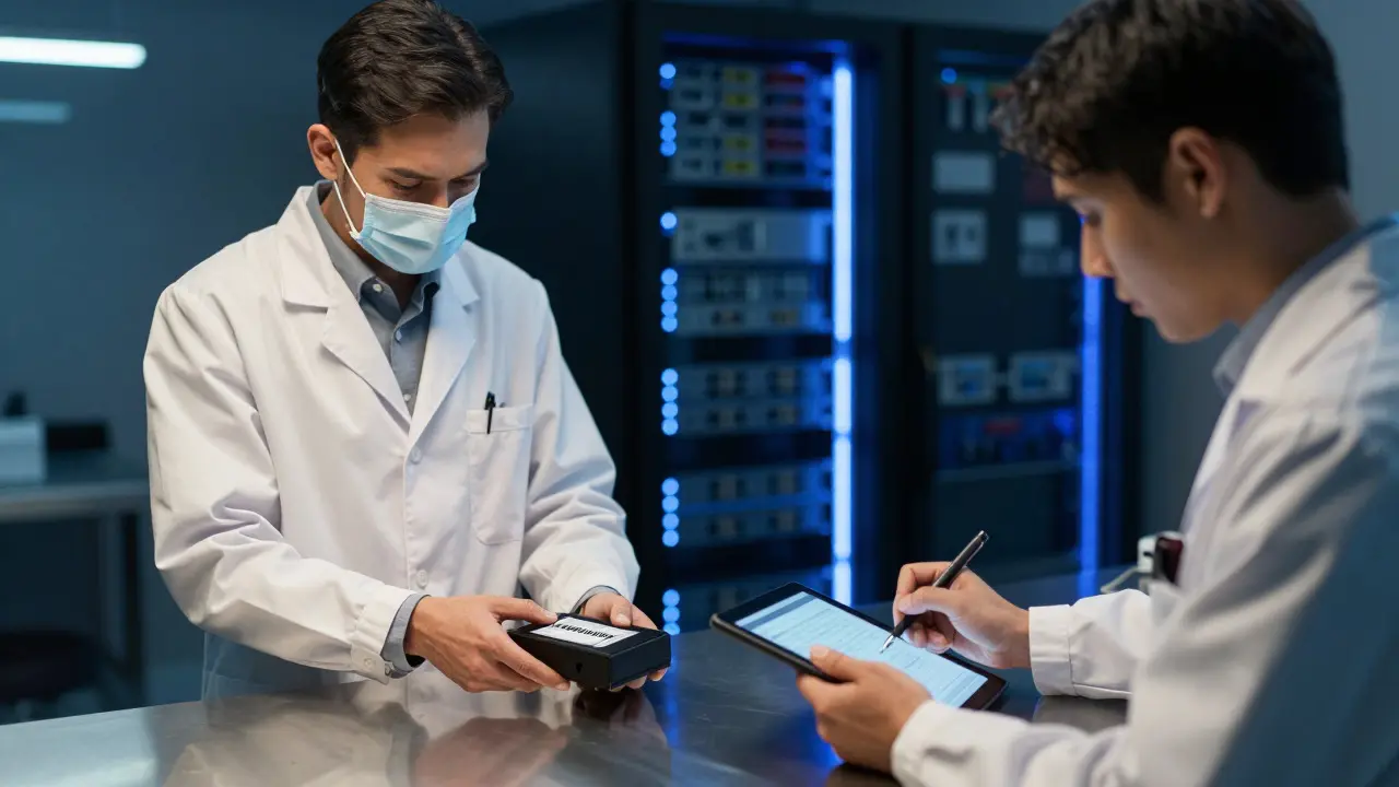 Two lab technicians transferring a digital drive while verifying chain of custody