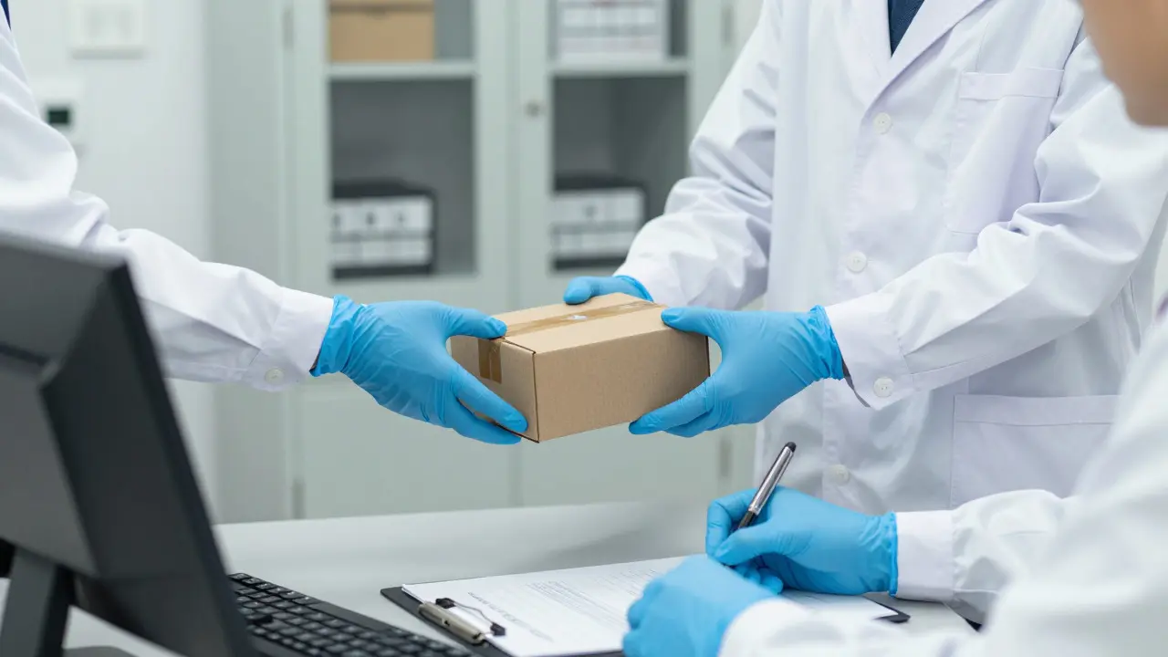 Two scientists signing a log during the transfer of a sealed evidence box