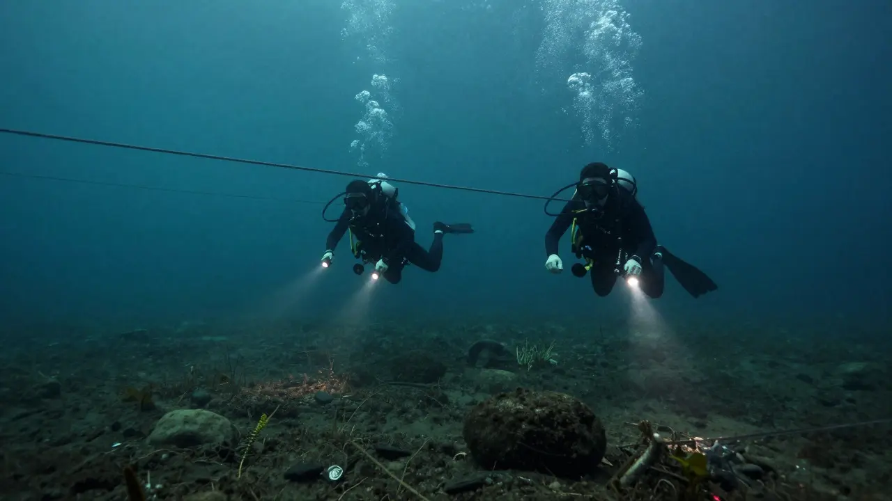Two scuba divers searching a murky riverbed using guide lines and flashlights