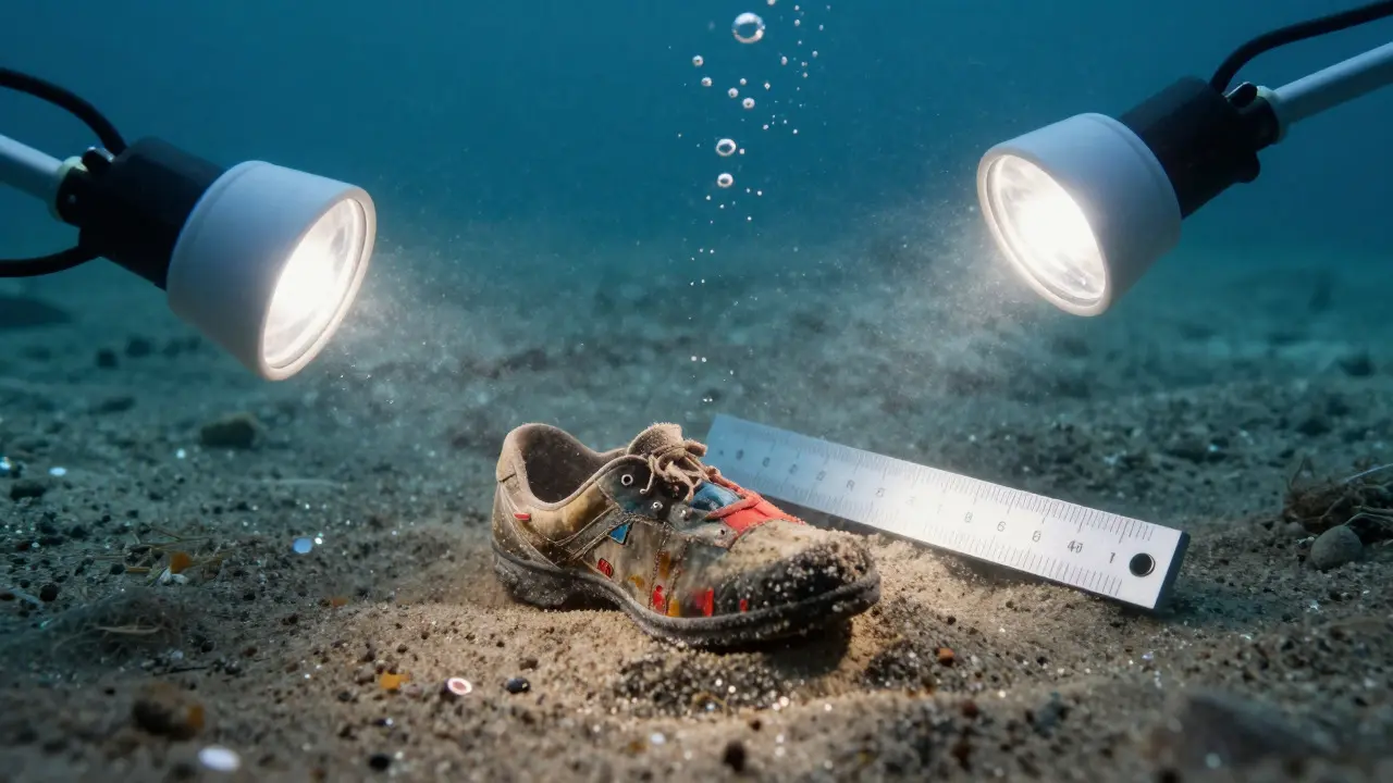Underwater strobes illuminating evidence with scale bar