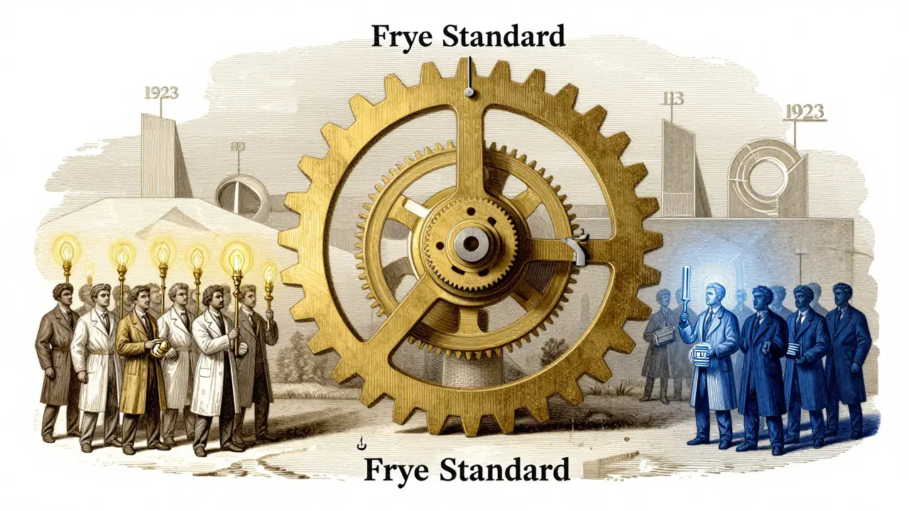 Vintage-style illustration of scientists divided into accepted and novel groups around a central mechanism
