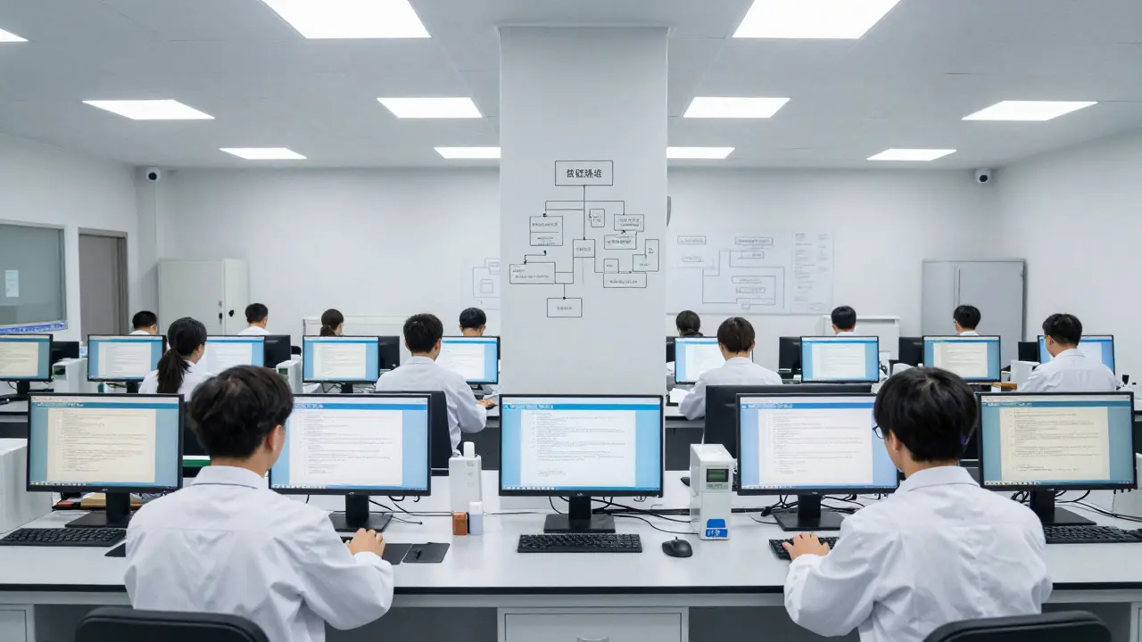 Wide view of a standardized forensic lab with multiple examiners working uniformly