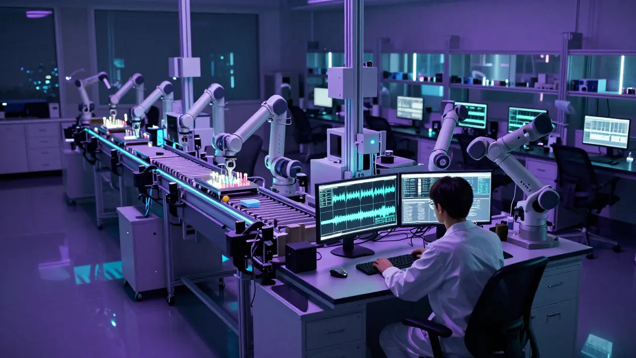 Wide view of an automated forensic lab with a scientist monitoring screens