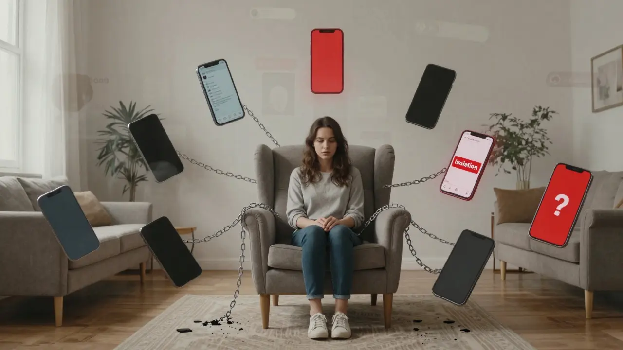 Woman isolated in armchair surrounded by broken connections and mist