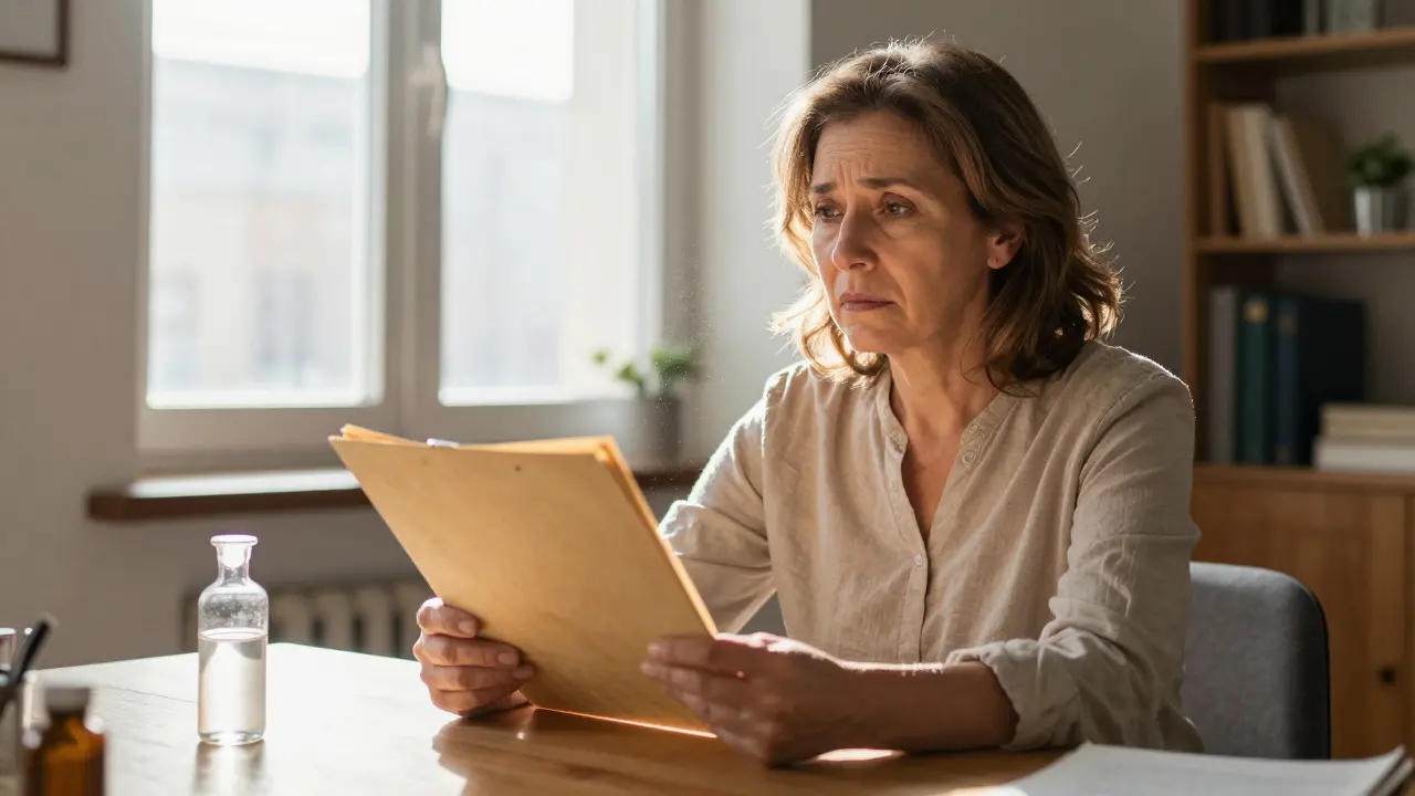 Woman reviewing an old case file alongside a preserved toxicology sample.