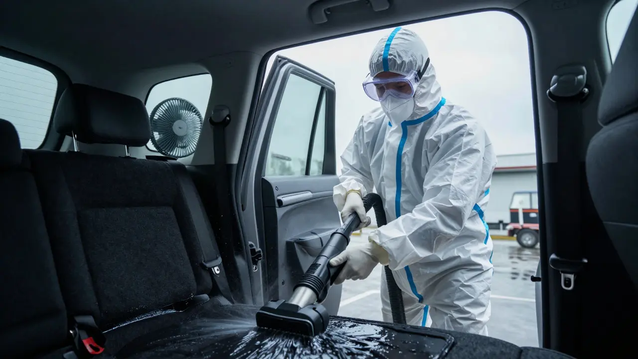 Worker in full PPE using a wet vacuum to clean car carpet