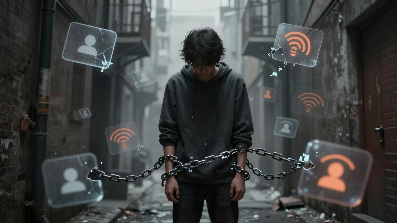 Young person in an alley with pixelated chains symbolizing isolation and control