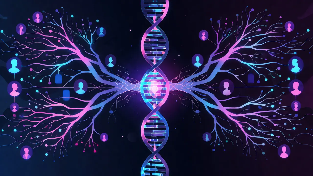 Abstract digital art showing DNA strands branching into family trees