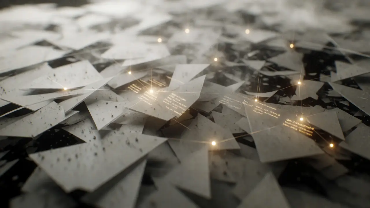 Abstract landscape of fragmented data clusters highlighting metadata artifacts for analysis.