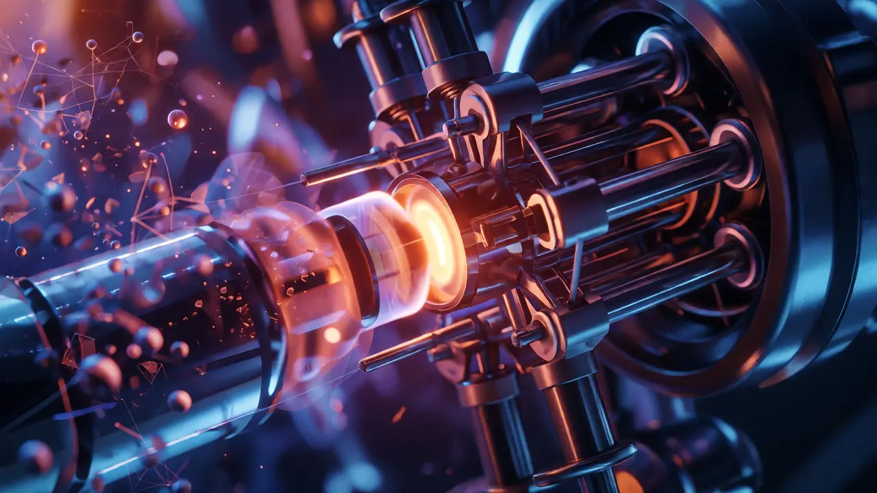 Abstract macro view of GC-MS machinery with glowing molecular fragmentation effects.
