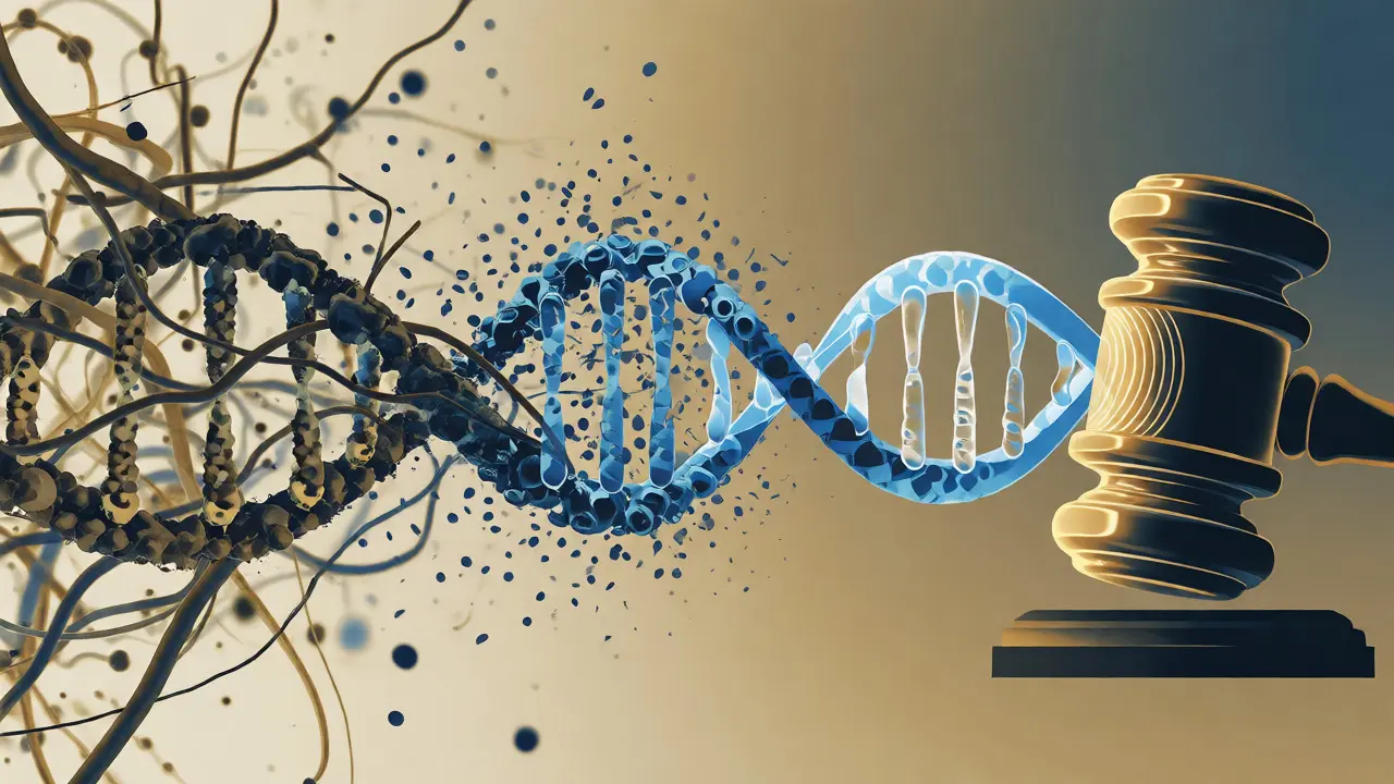 Abstract visualization of degraded DNA being refined for legal evidence