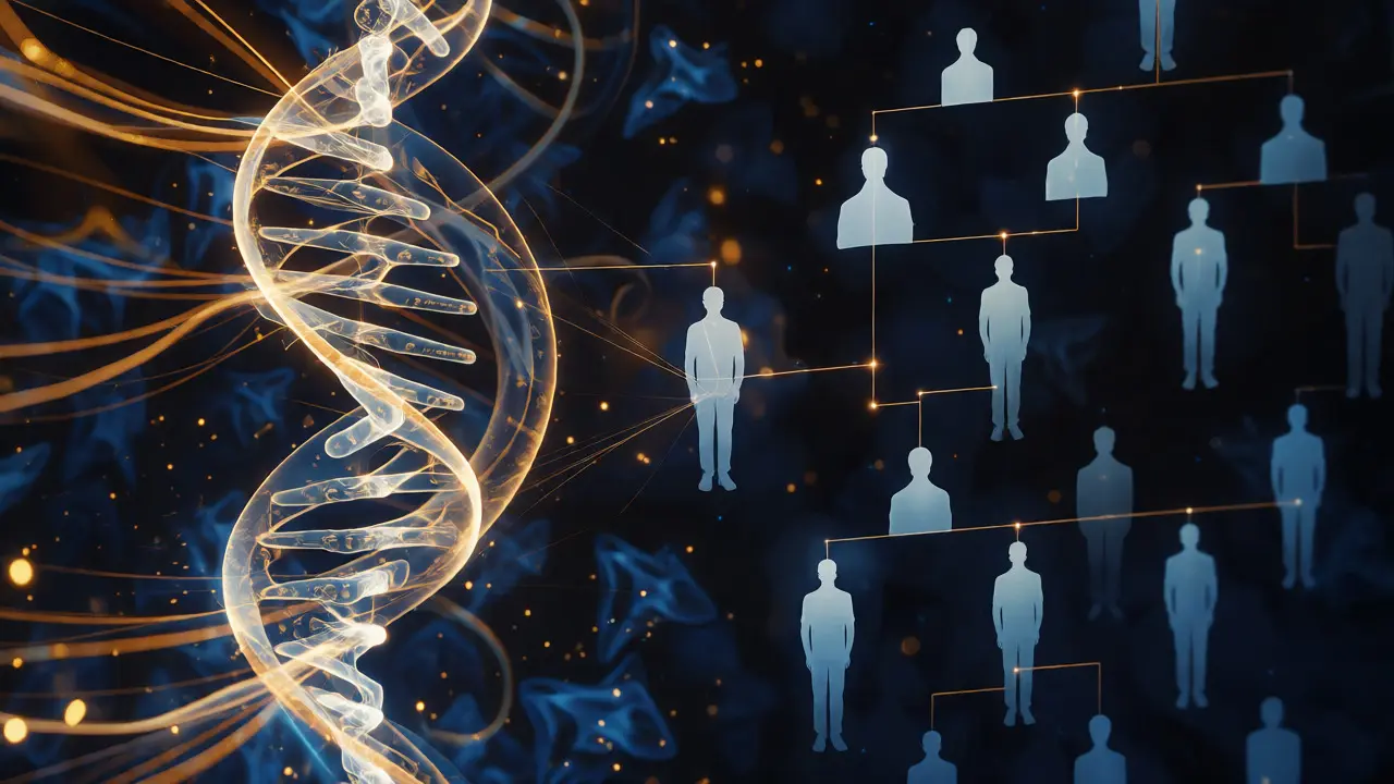 Abstract visualization of DNA connecting family tree nodes