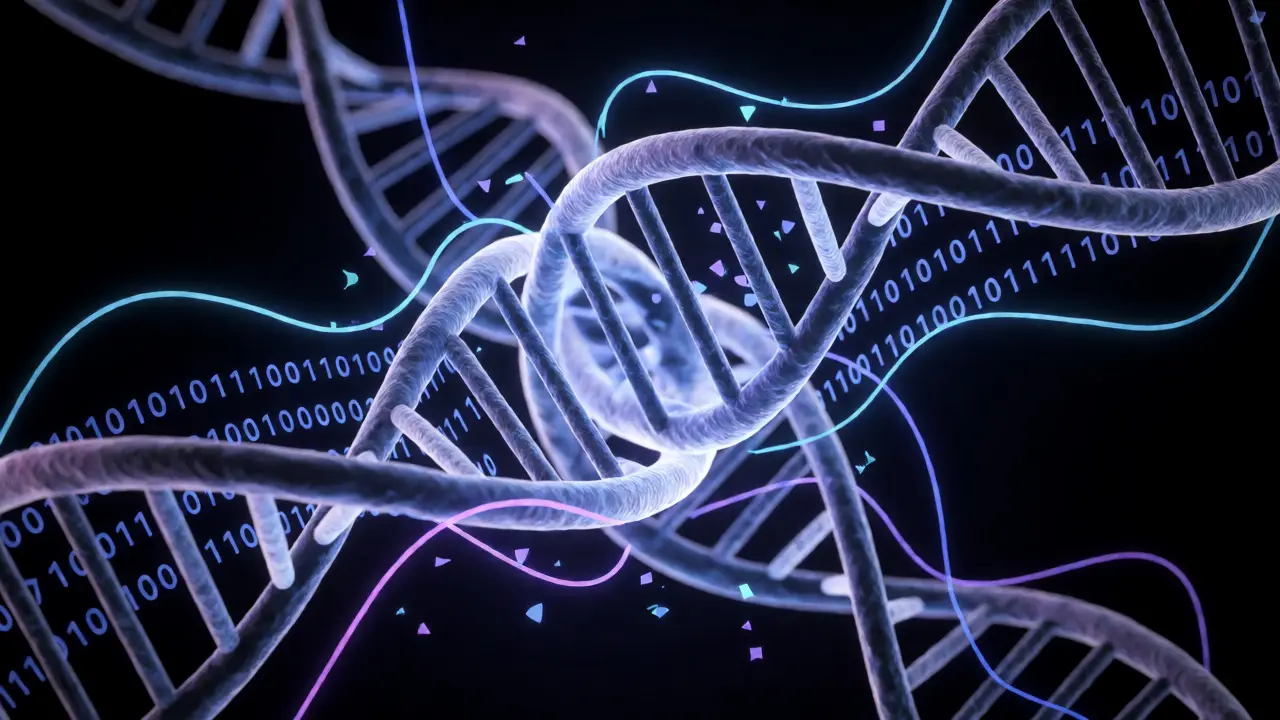 Abstract visualization of DNA strands being untangled by data