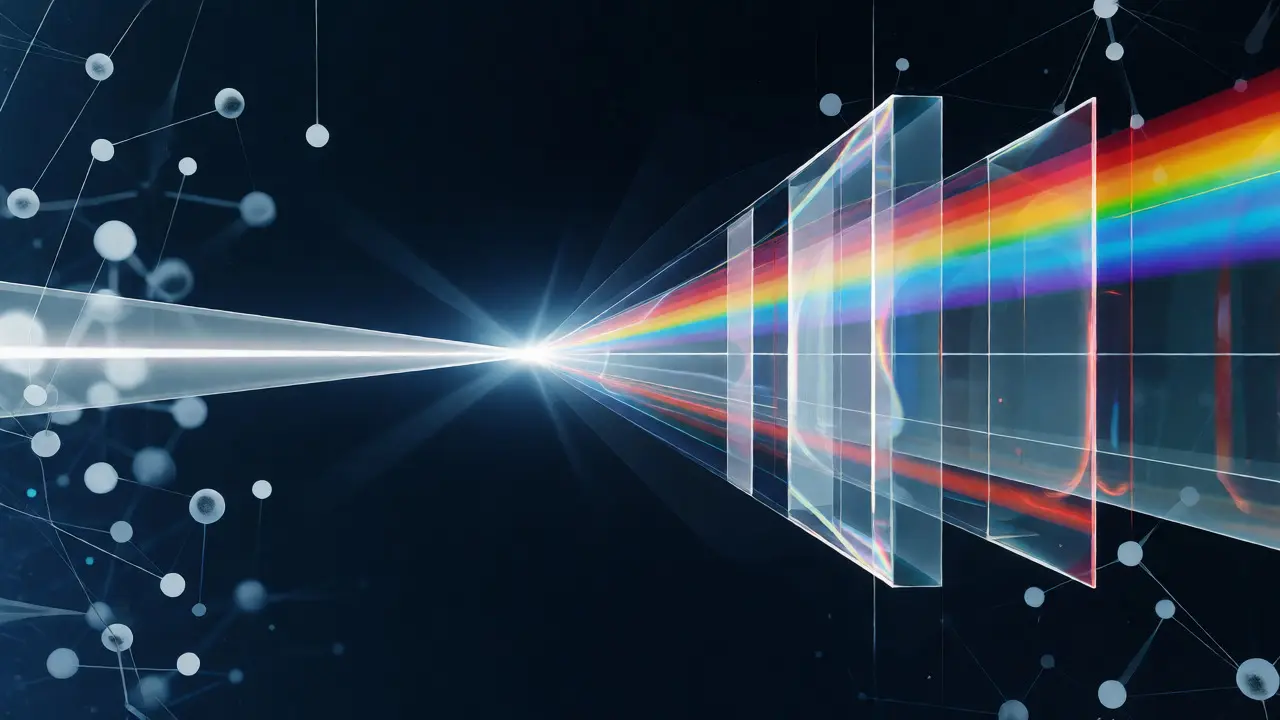 Abstract visualization of light bending through layered glass prisms in a lab setting.