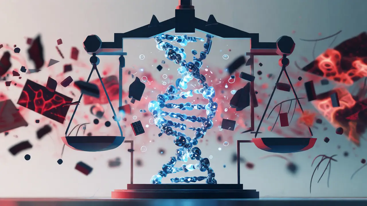 Abstract visualization of the Daubert standard filtering reliable DNA science from flawed forensic methods.