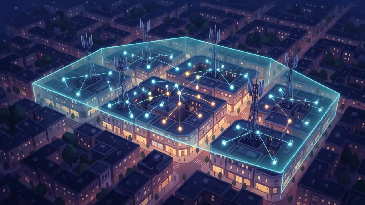 Aerial night view of a city with a glowing geo-fence polygon and data points