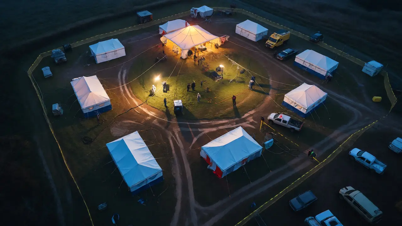 Aerial night view showing distinct crime scene zones including the lit command post and hot zone.