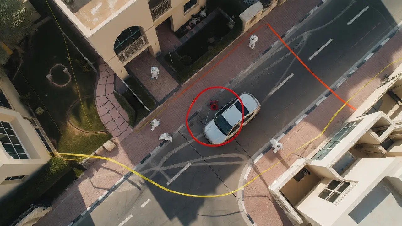 Aerial view of concentric crime scene zones with investigators in protective gear